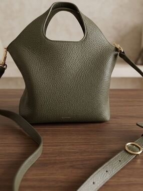 Cuyana Olive Green Pebbled Leather Crossbody with Top Handle